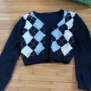 Brandy Melville Navy and Light Blue Argyle Cardigan